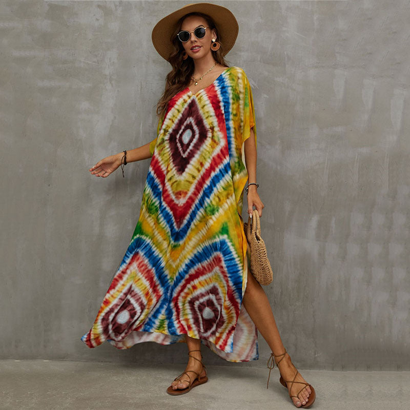 Glamorous printed beach blouse V-neck dress