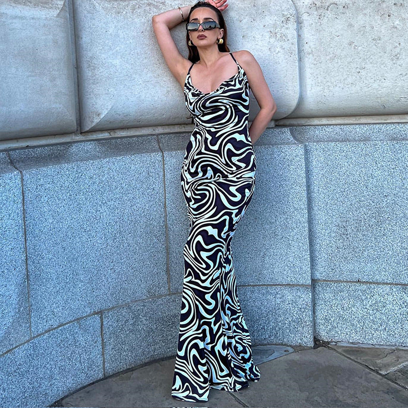 High-end digital print swing collar long suspender dress