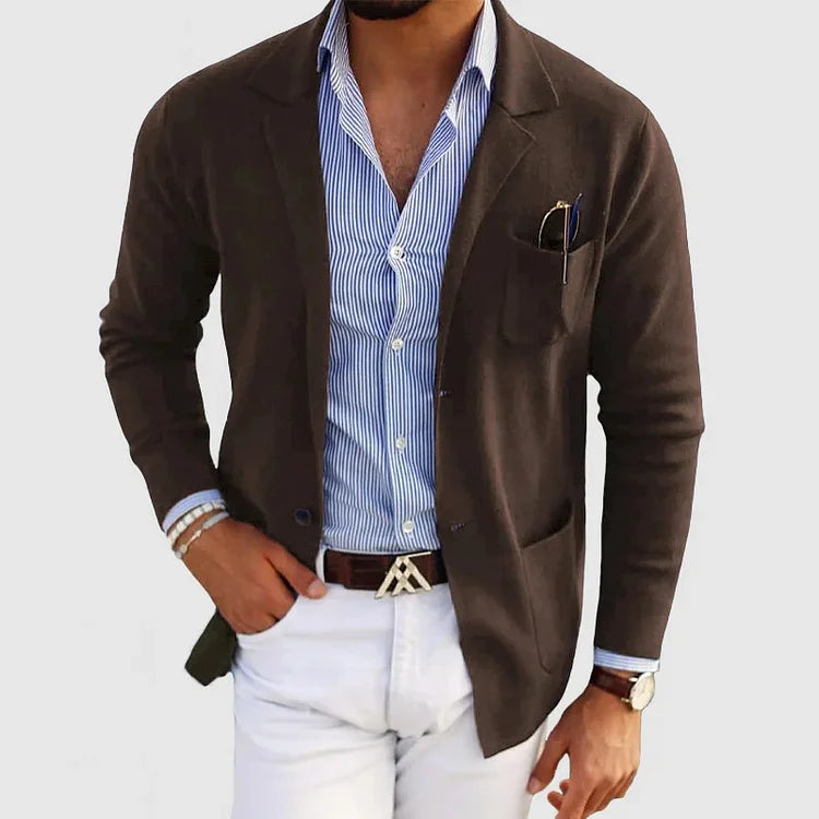 Casual men's cardigan with buttons, pockets and lapel collar, single-colored, long sleeves