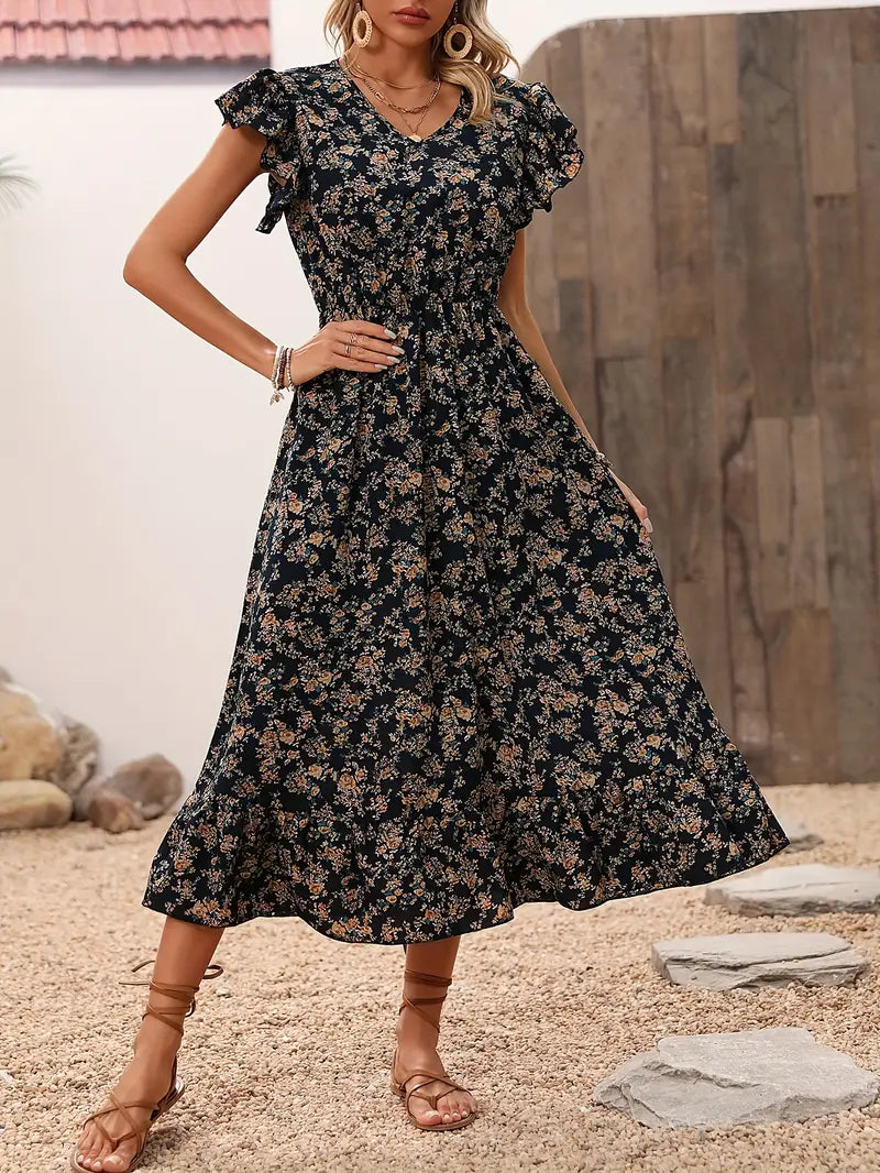 Floral dress with V-neckline and elegant ruffled sleeves