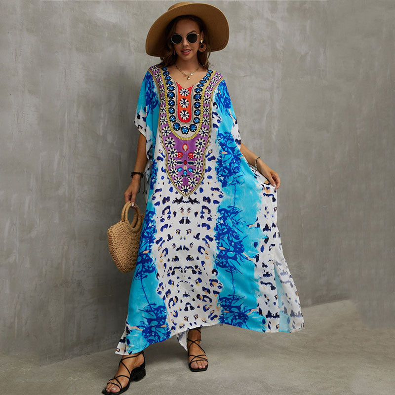 Glamorous printed beach blouse V-neck dress