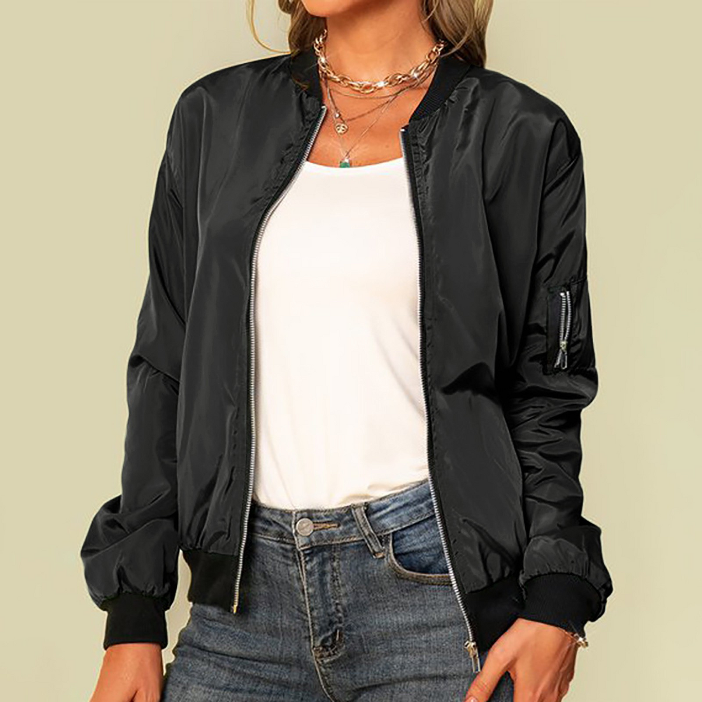 Lightweight bomber jacket with zipper