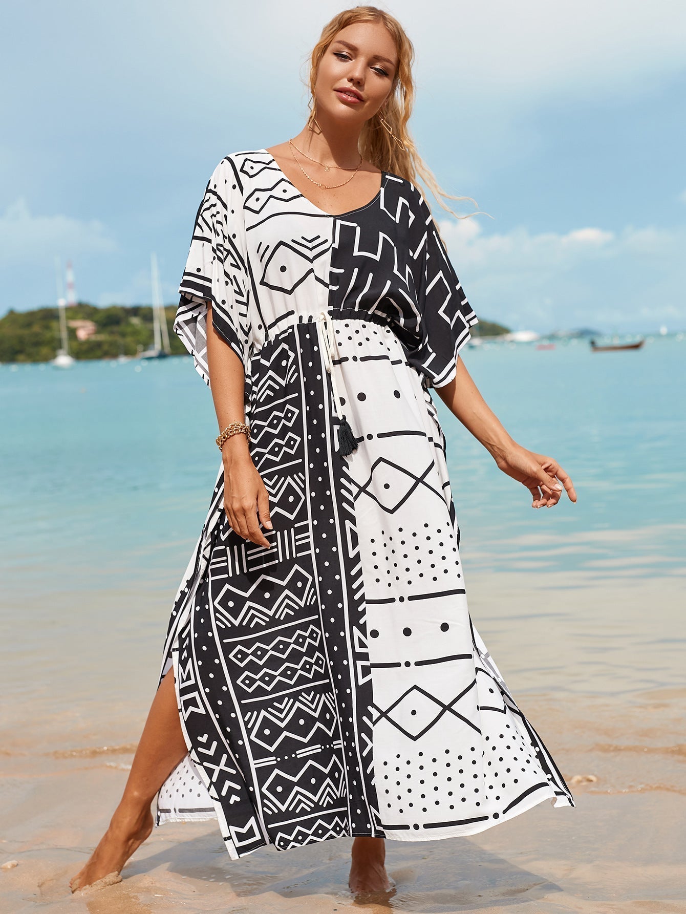 Stylish vacation sun protection positioning print beach cover-up