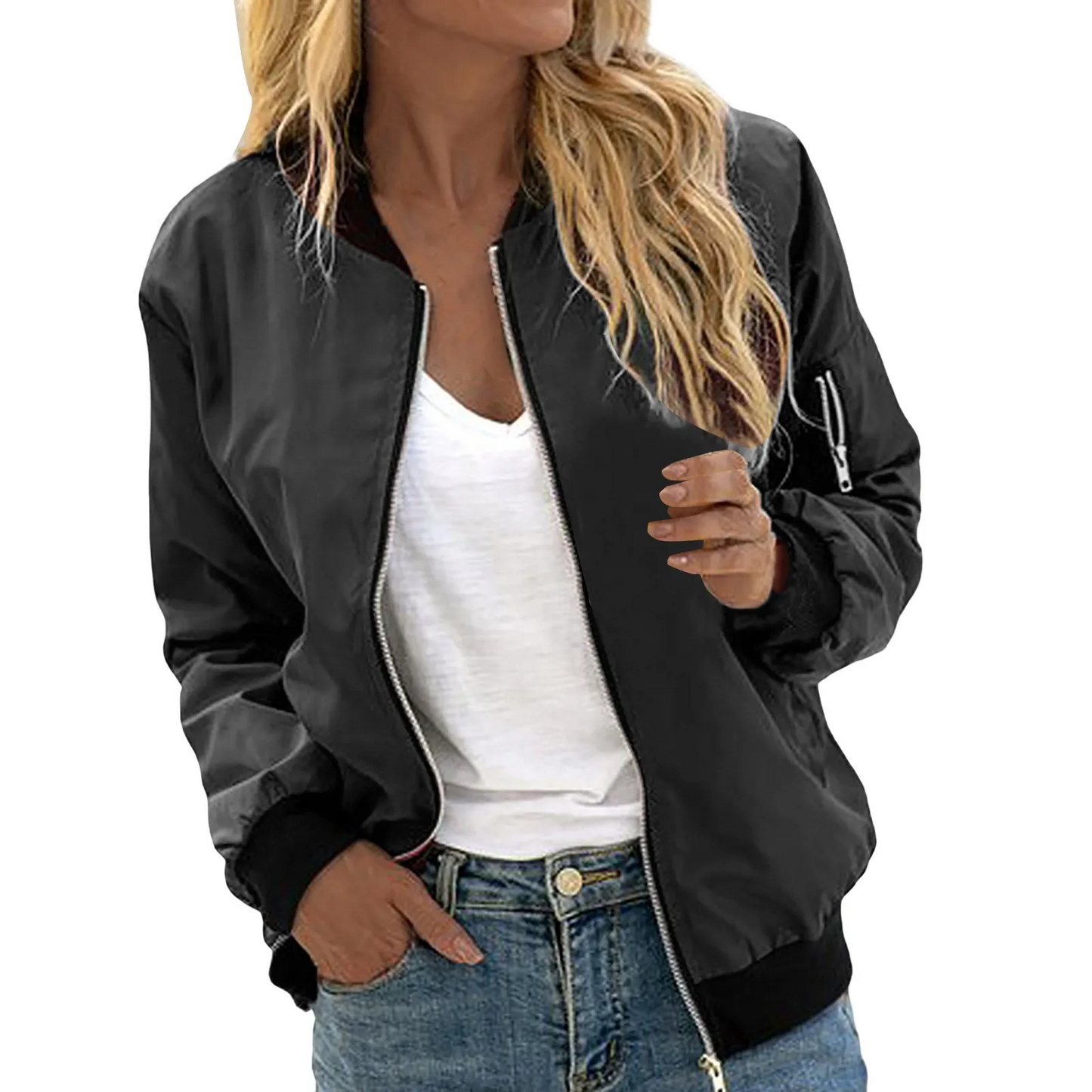 Lightweight bomber jacket with zipper