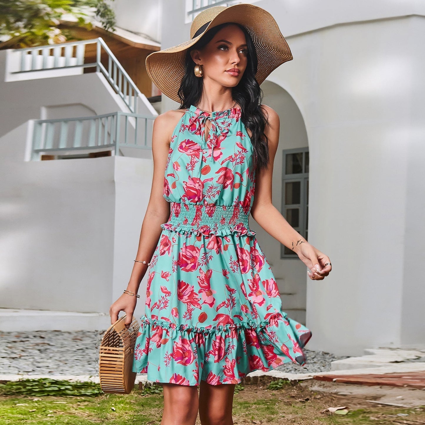 Temperament Elegant waist printed ruffled dress