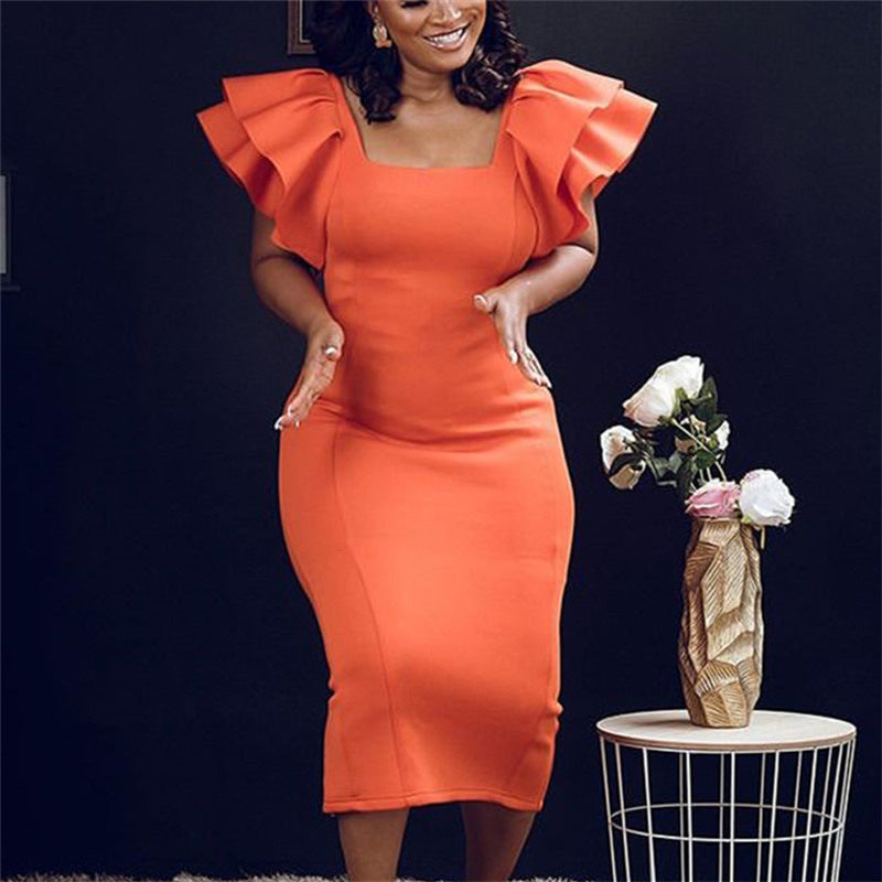 Elegant Wood Ear Sleeve Plus Size Elegant Dress Women