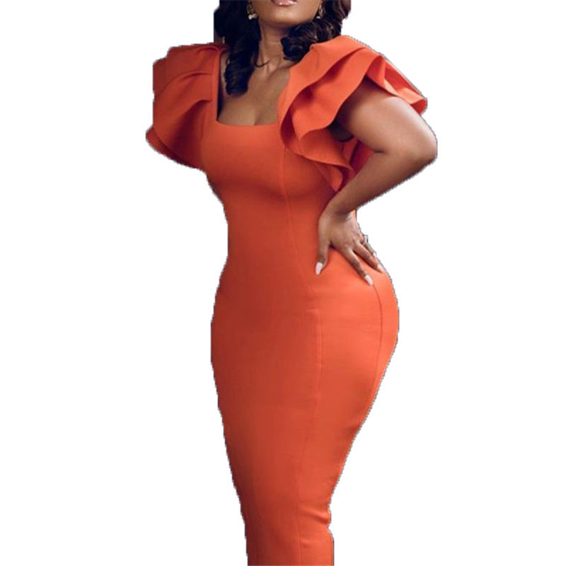 Elegant Wood Ear Sleeve Plus Size Elegant Dress Women