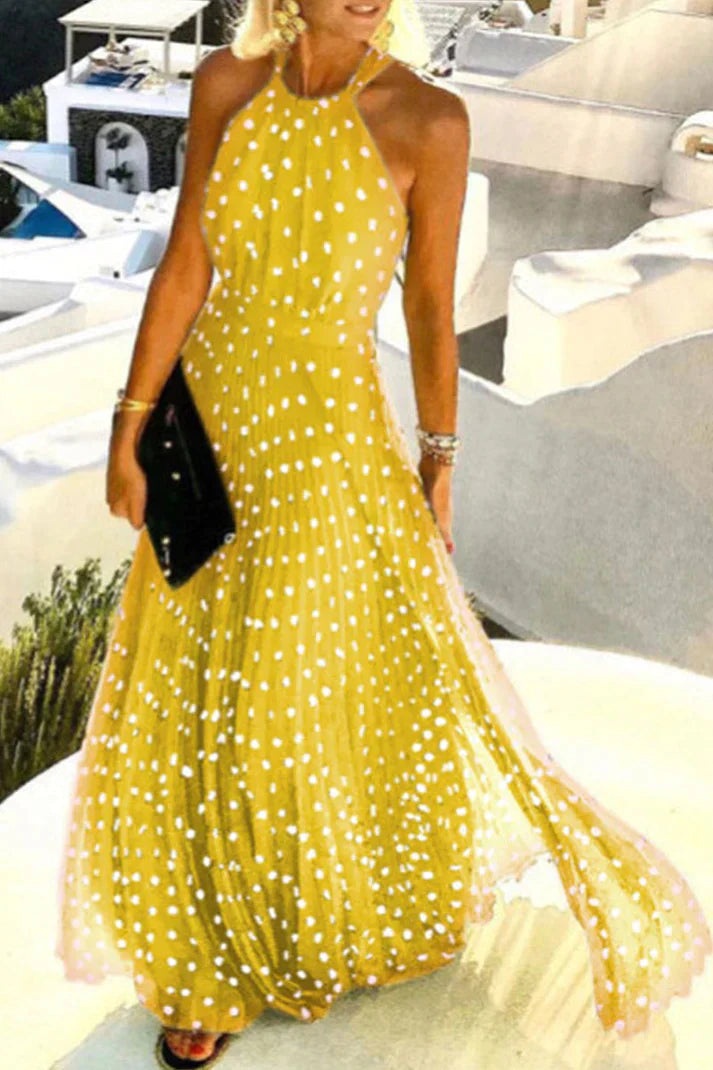 Bohemian print patchwork halter pleated dresses