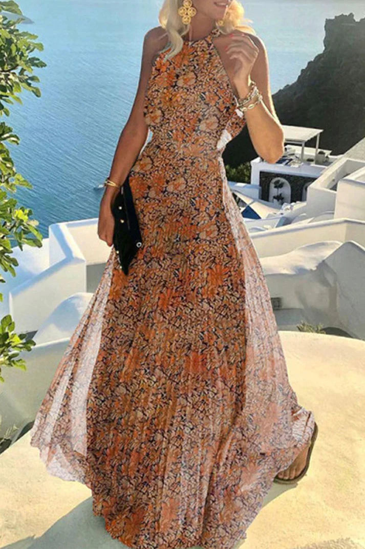 Bohemian print patchwork halter pleated dresses