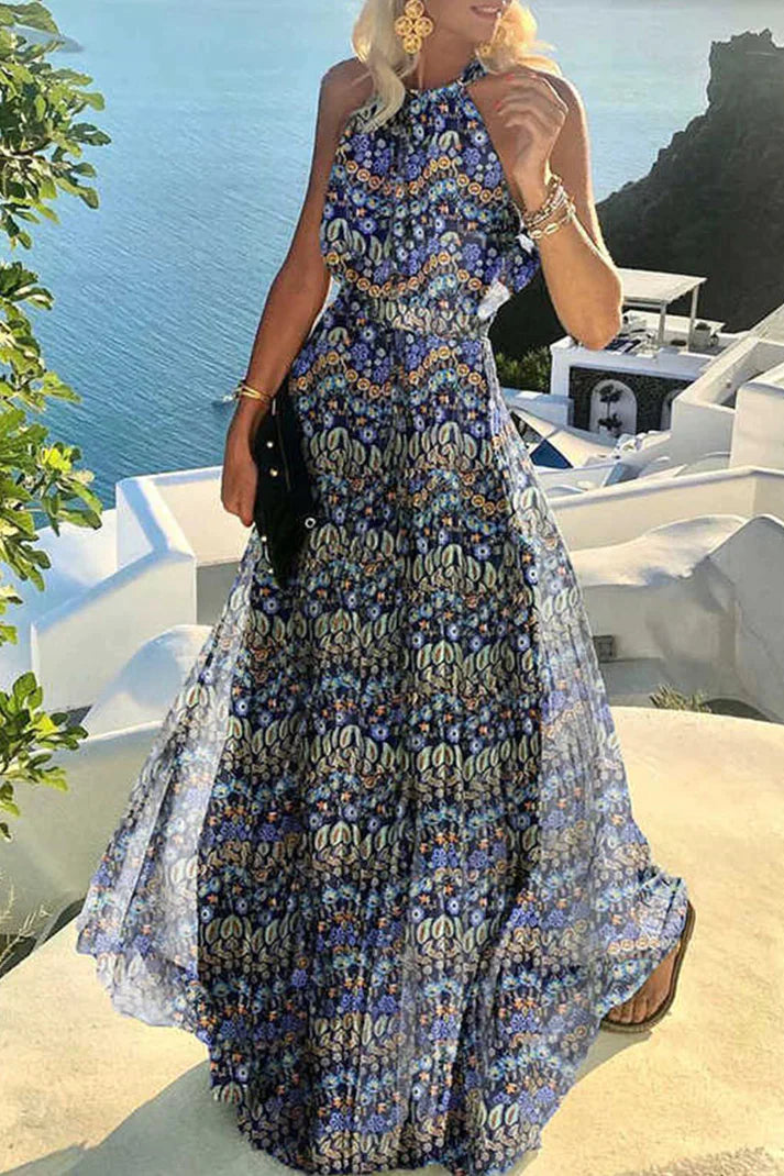 Bohemian print patchwork halter pleated dresses
