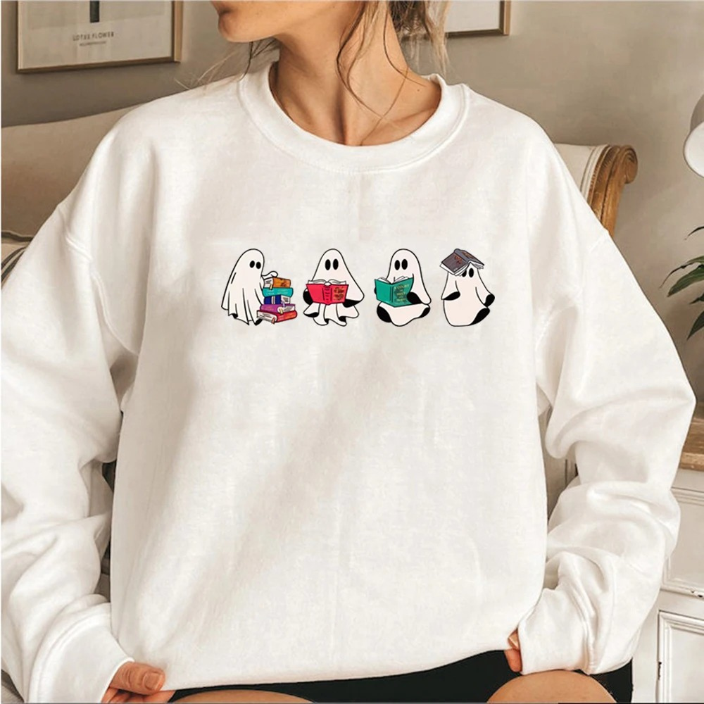 Cute graphic sweater with ghost motif for casual style - Women's sweater