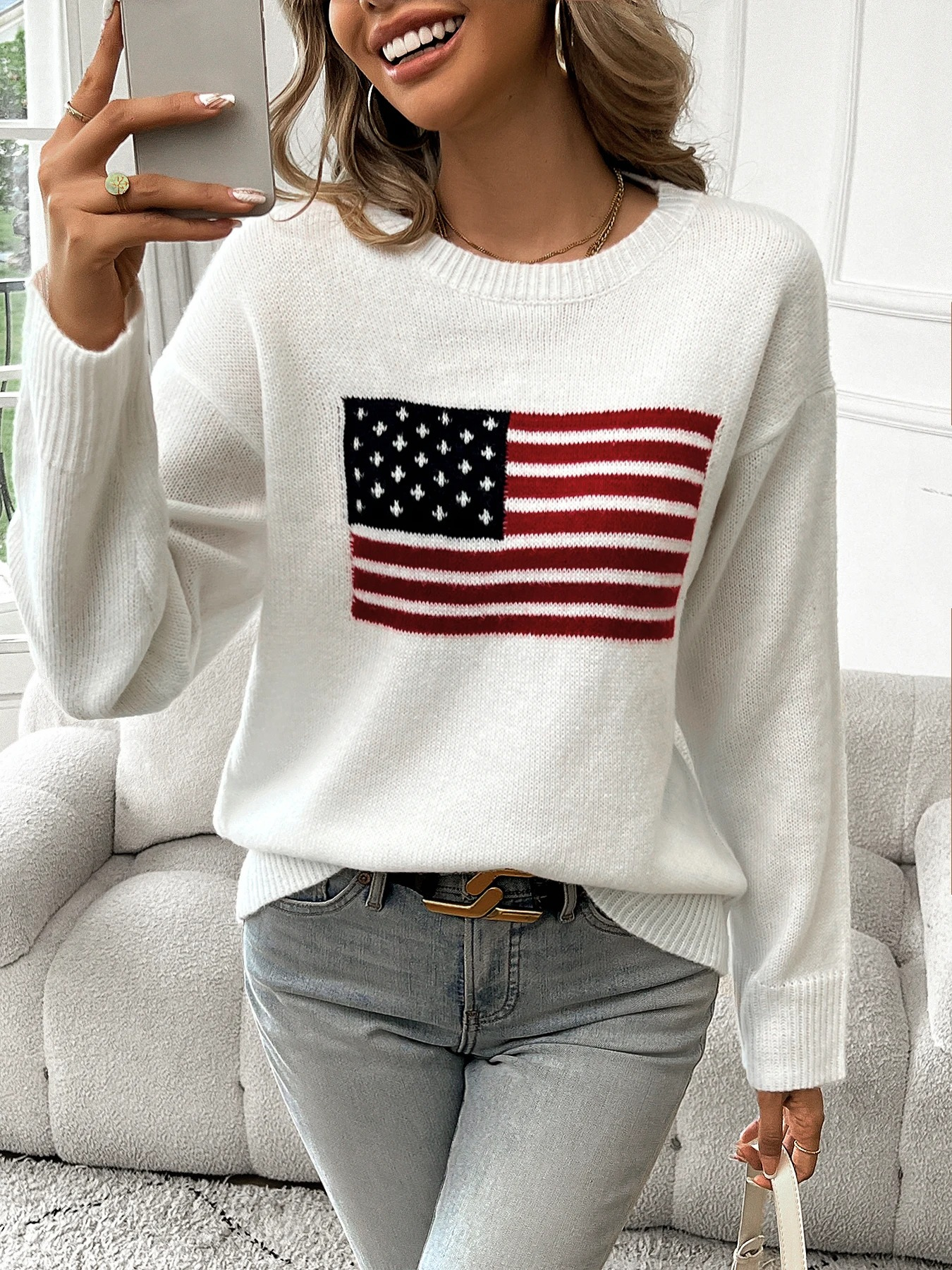 Casual knitted sweater with American flag print - women's sweater