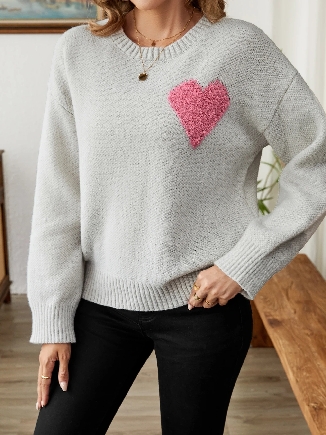 Soft knitted sweater with heart pattern