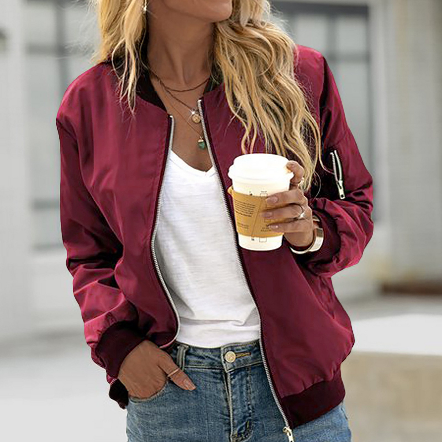 Lightweight bomber jacket with zipper