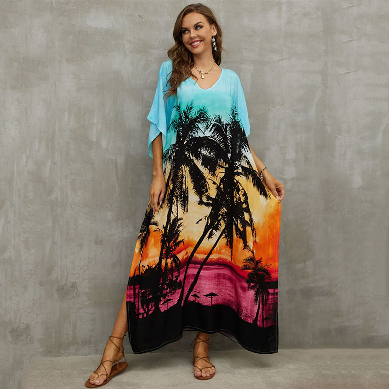 Glamorous printed beach blouse V-neck dress