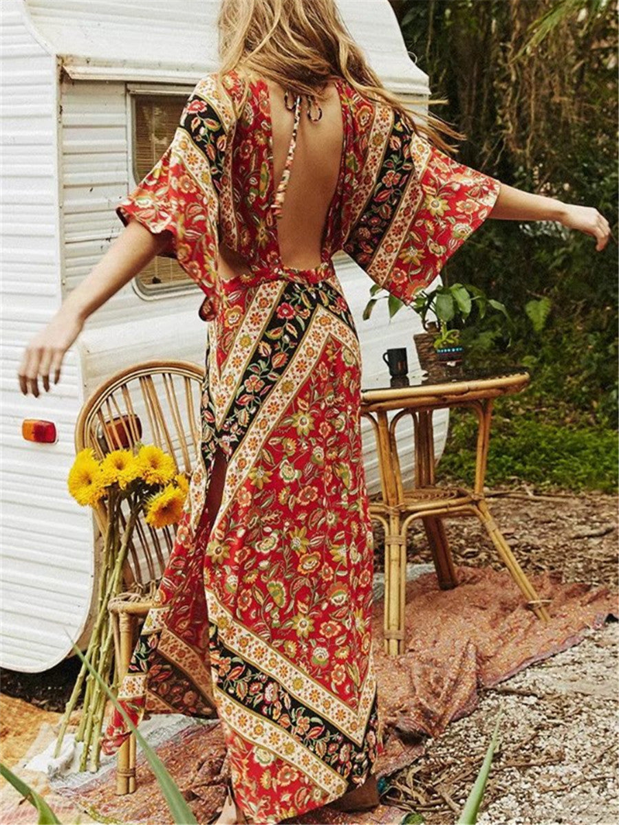 Modern red vintage dress with slit legs