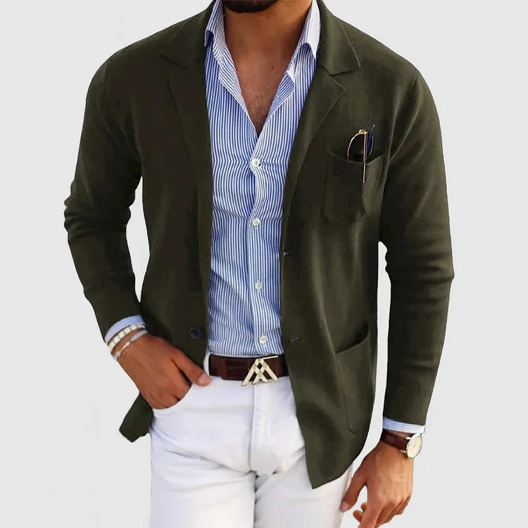 Casual men's cardigan with buttons, pockets and lapel collar, single-colored, long sleeves