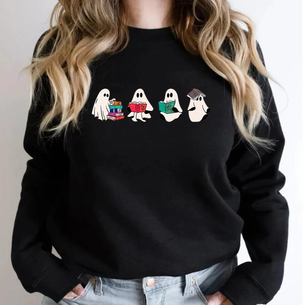 Cute graphic sweater with ghost motif for casual style - Women's sweater