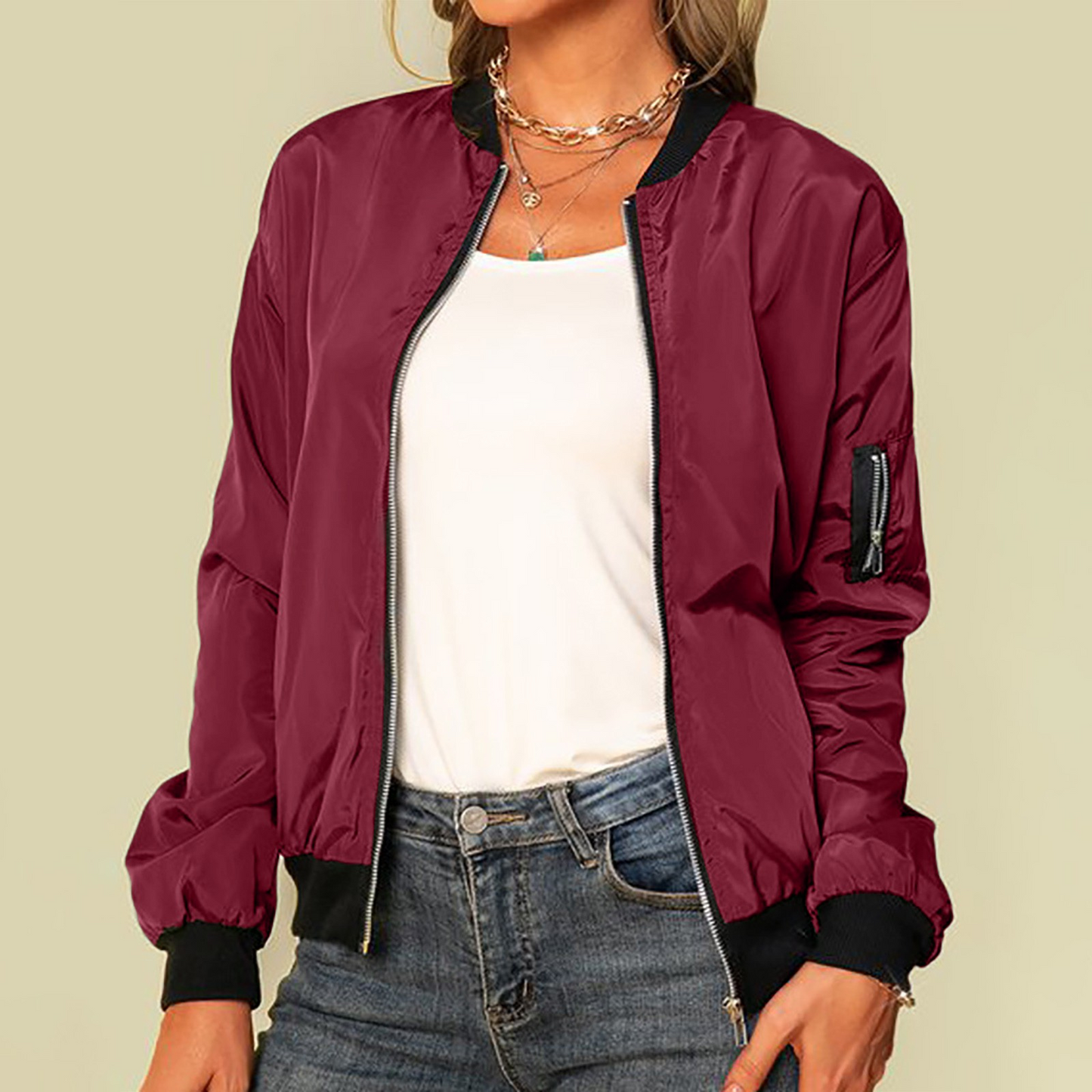 Lightweight bomber jacket with zipper