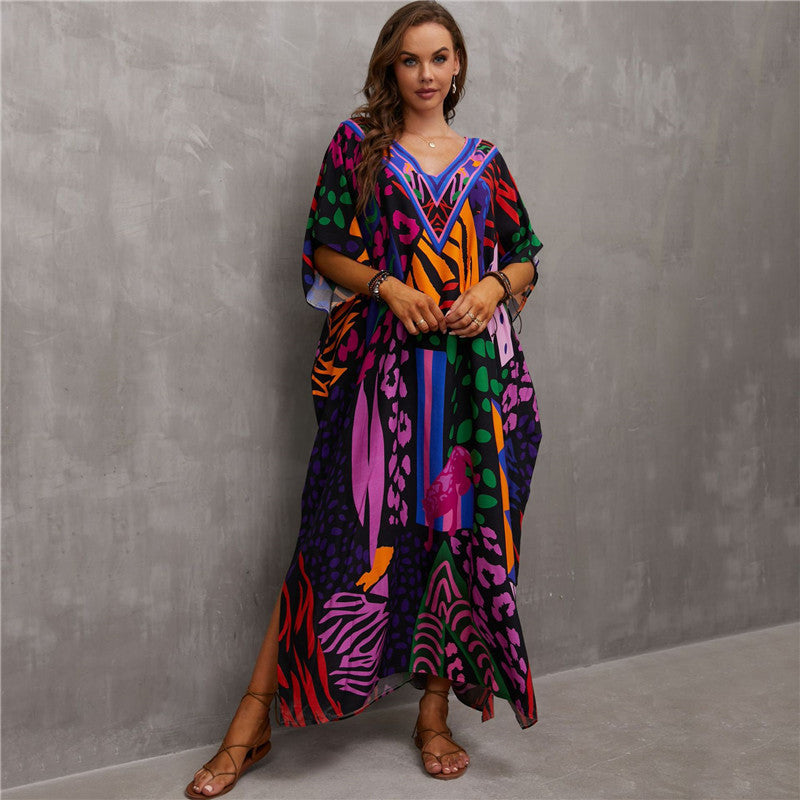 Glamorous printed beach blouse V-neck dress