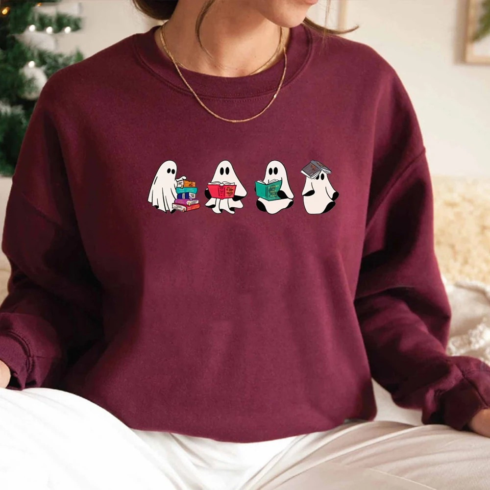 Cute graphic sweater with ghost motif for casual style - Women's sweater