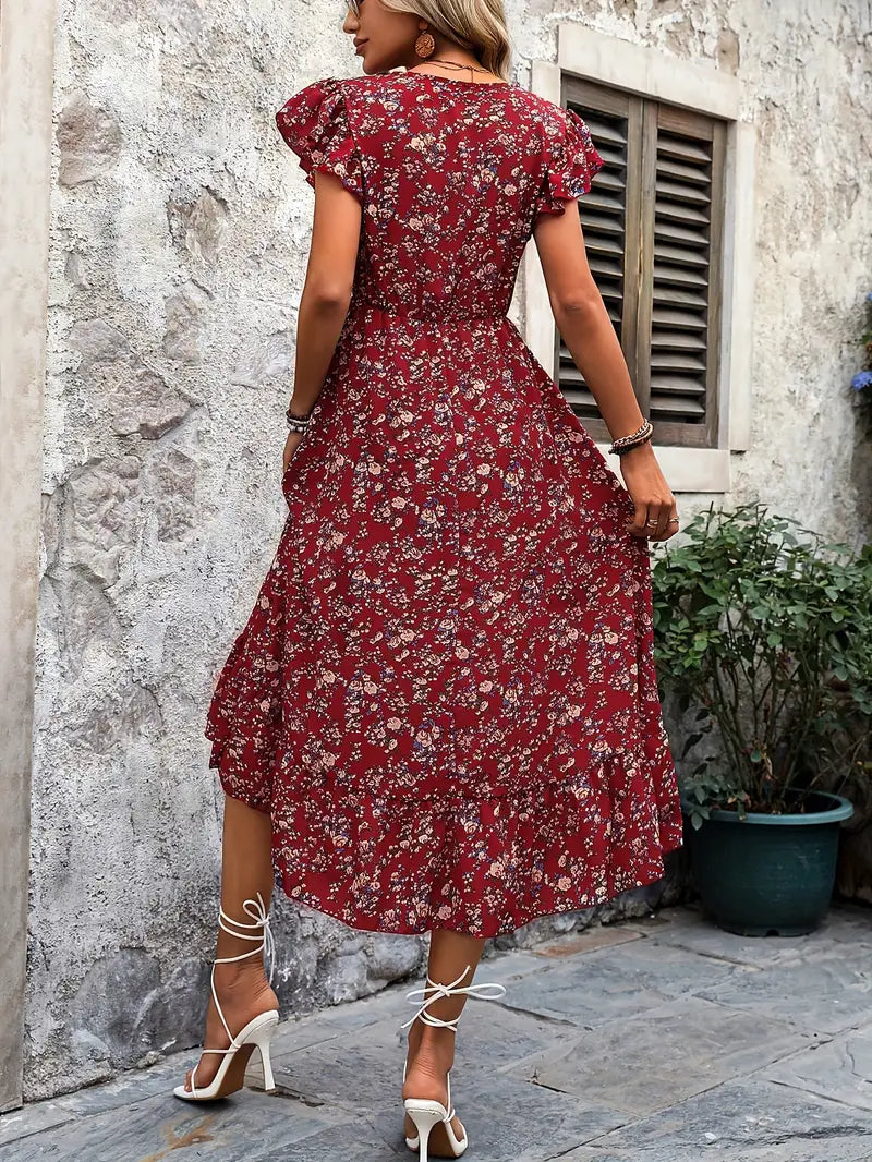 Floral dress with V-neckline and elegant ruffled sleeves