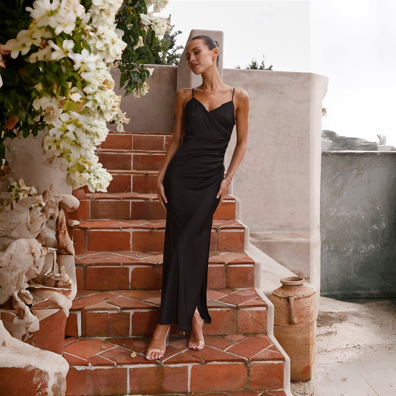 Spaghetti strap sleeveless slit slim fit dress women
