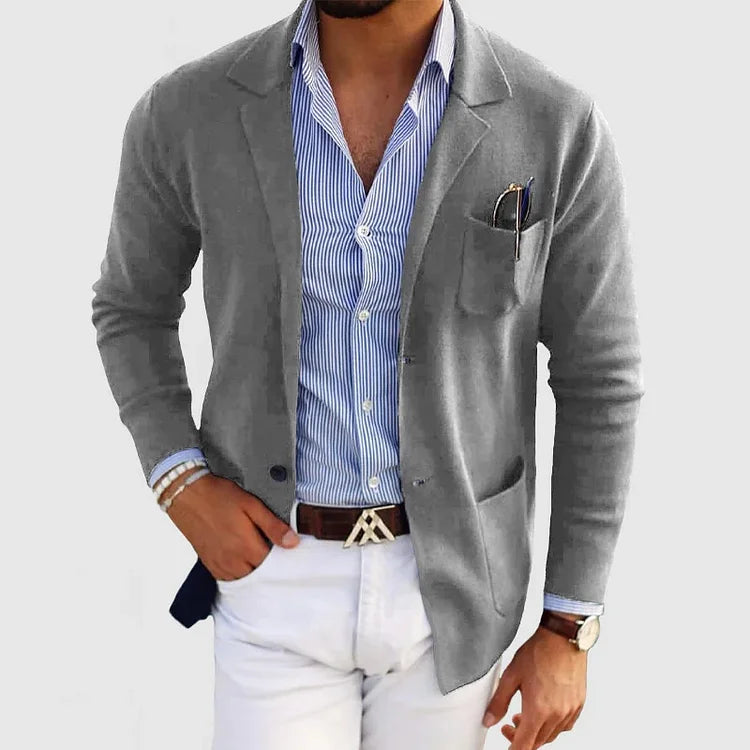 Casual men's cardigan with buttons, pockets and lapel collar, single-colored, long sleeves