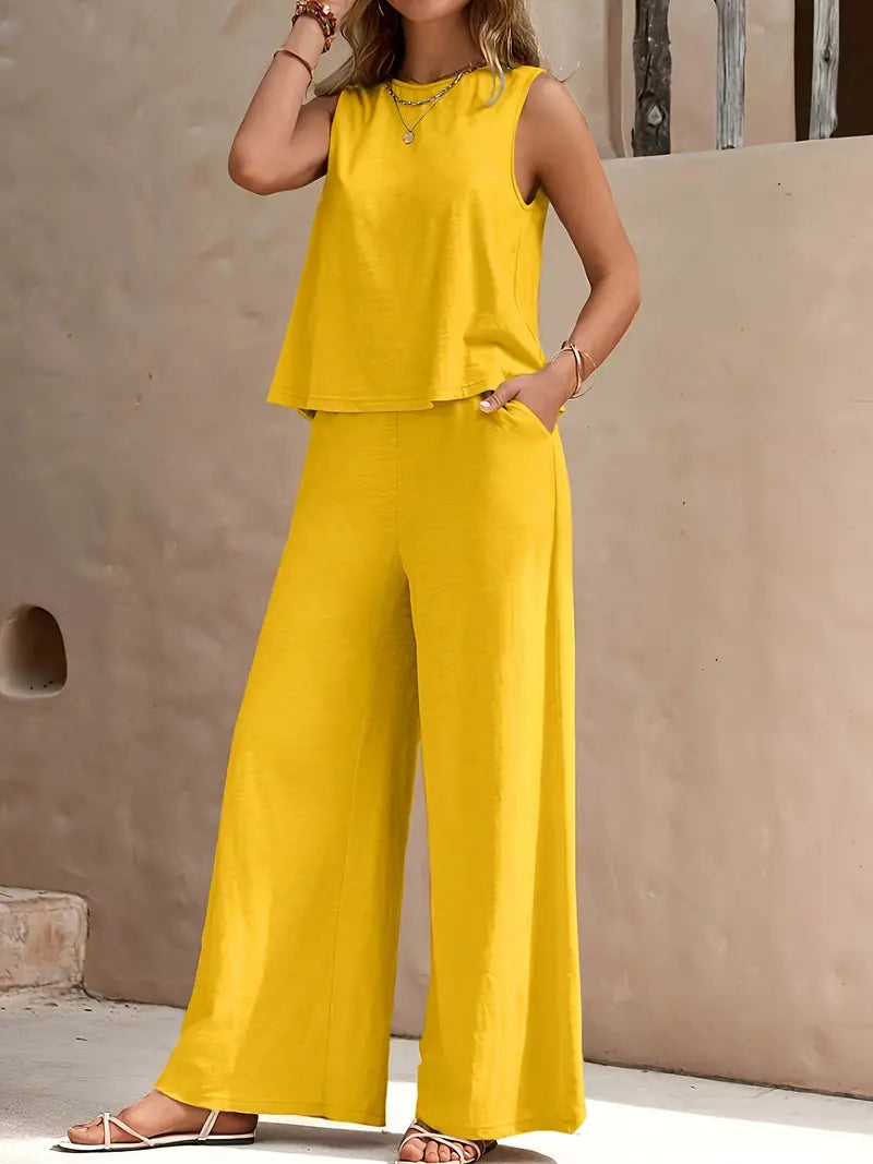 Sleeveless tank top and wide-leg pants