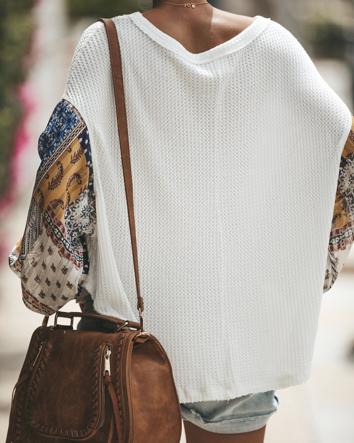 Trendy printed long-sleeved round neck blouse