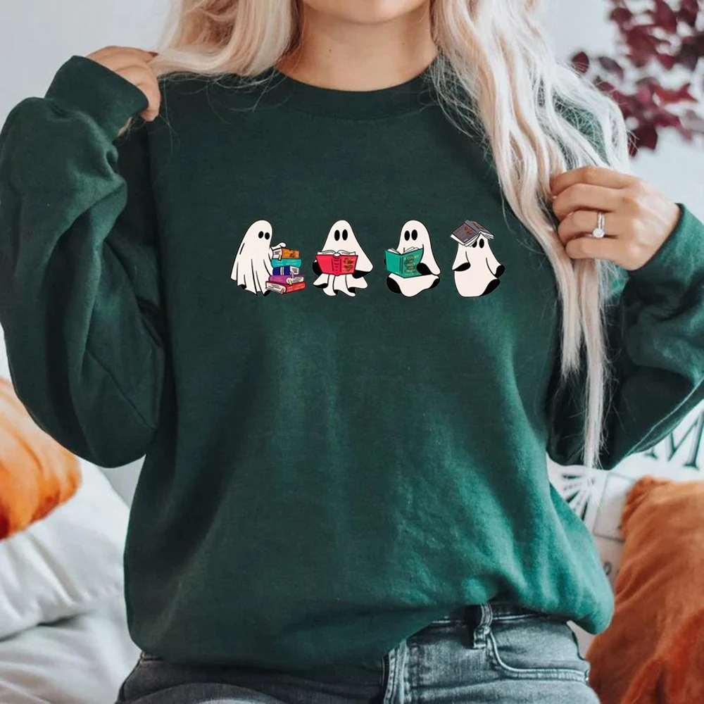 Cute graphic sweater with ghost motif for casual style - Women's sweater