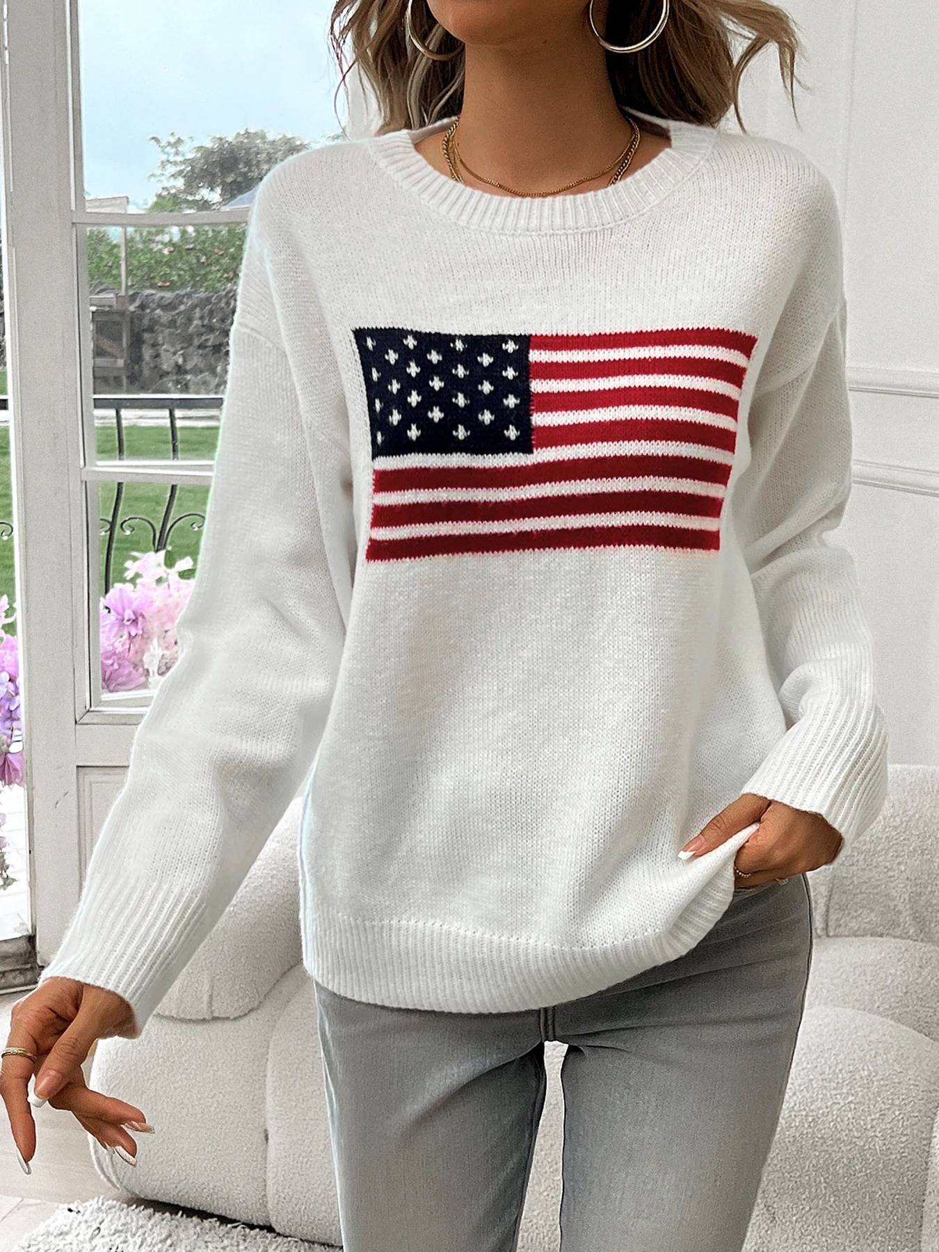 Casual knitted sweater with American flag print - women's sweater
