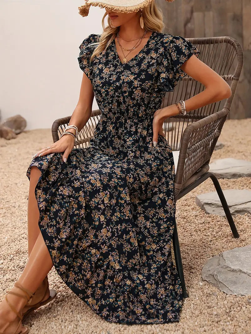Floral dress with V-neckline and elegant ruffled sleeves