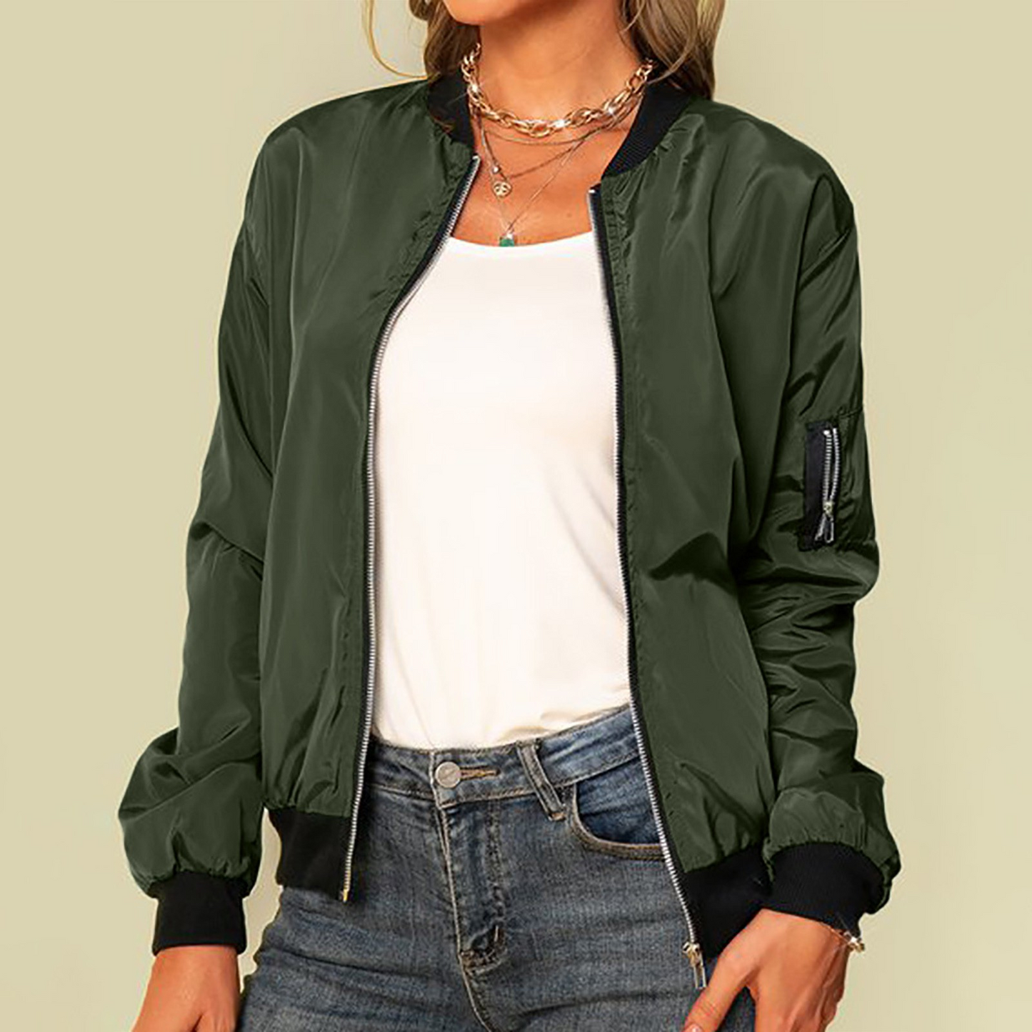 Lightweight bomber jacket with zipper