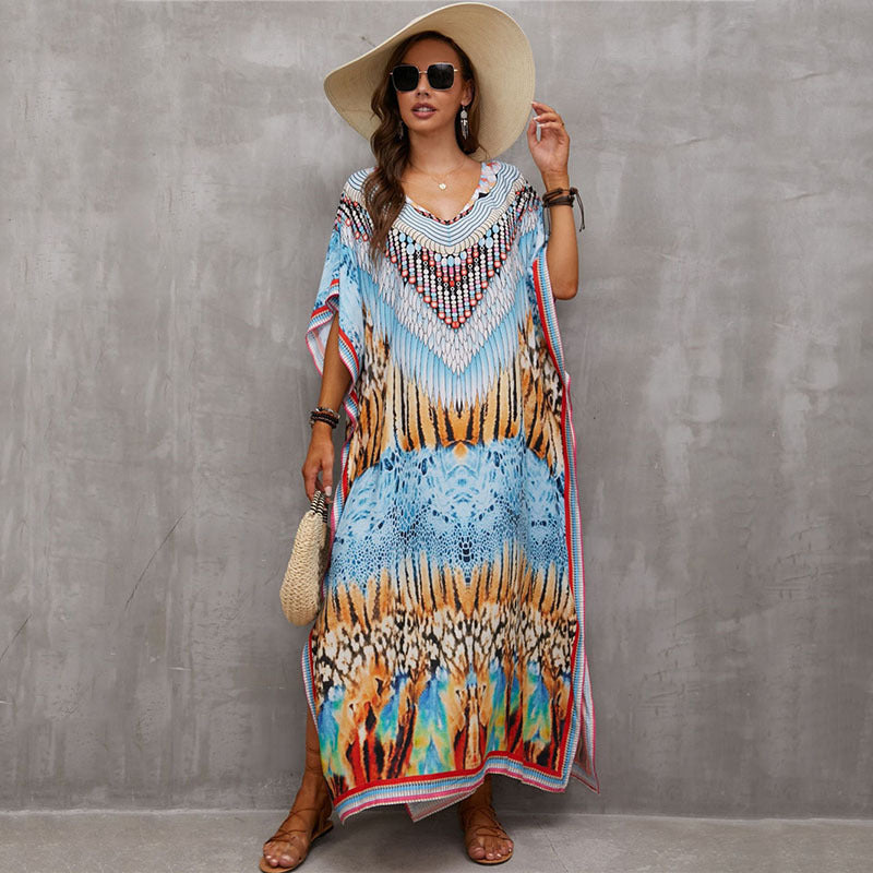 Glamorous printed beach blouse V-neck dress