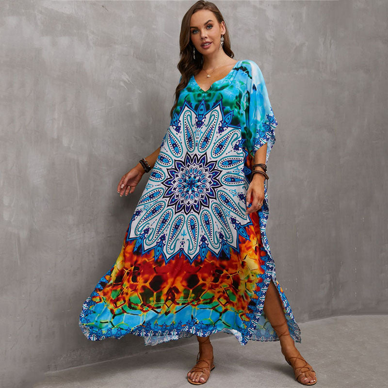 Glamorous printed beach blouse V-neck dress