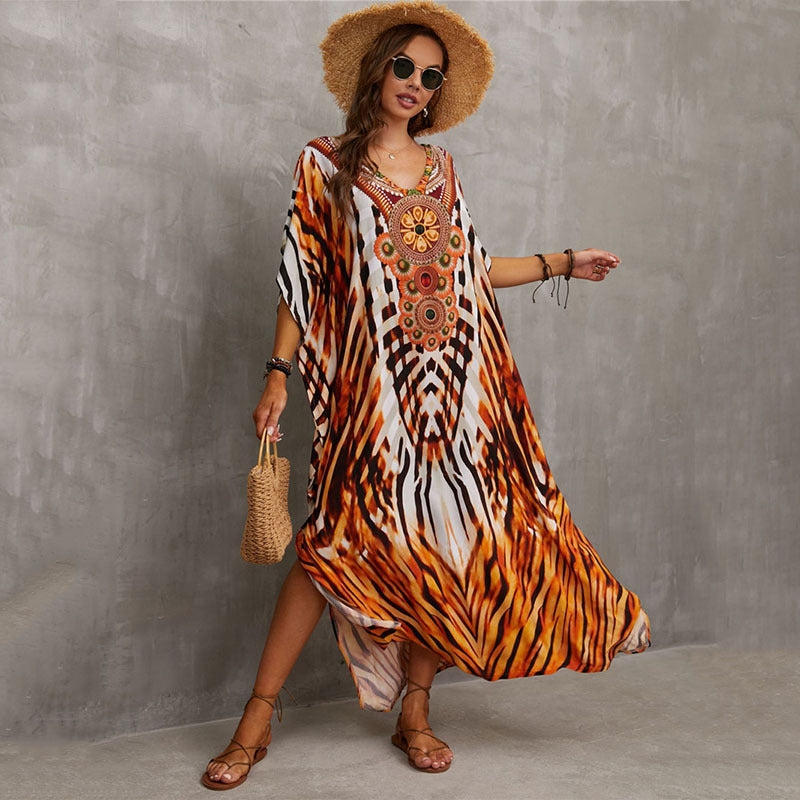 Glamorous printed beach blouse V-neck dress