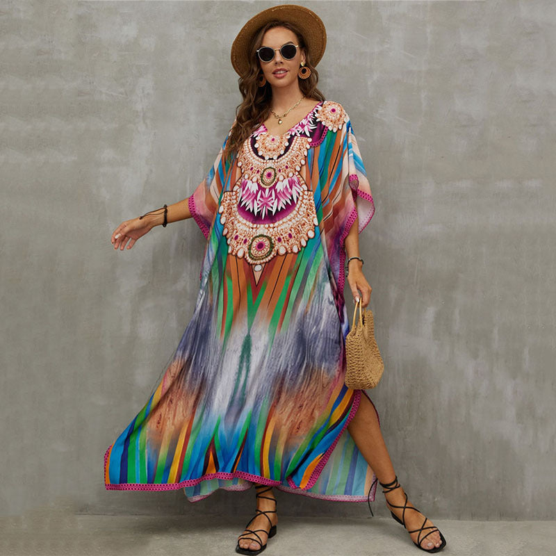 Glamorous printed beach blouse V-neck dress