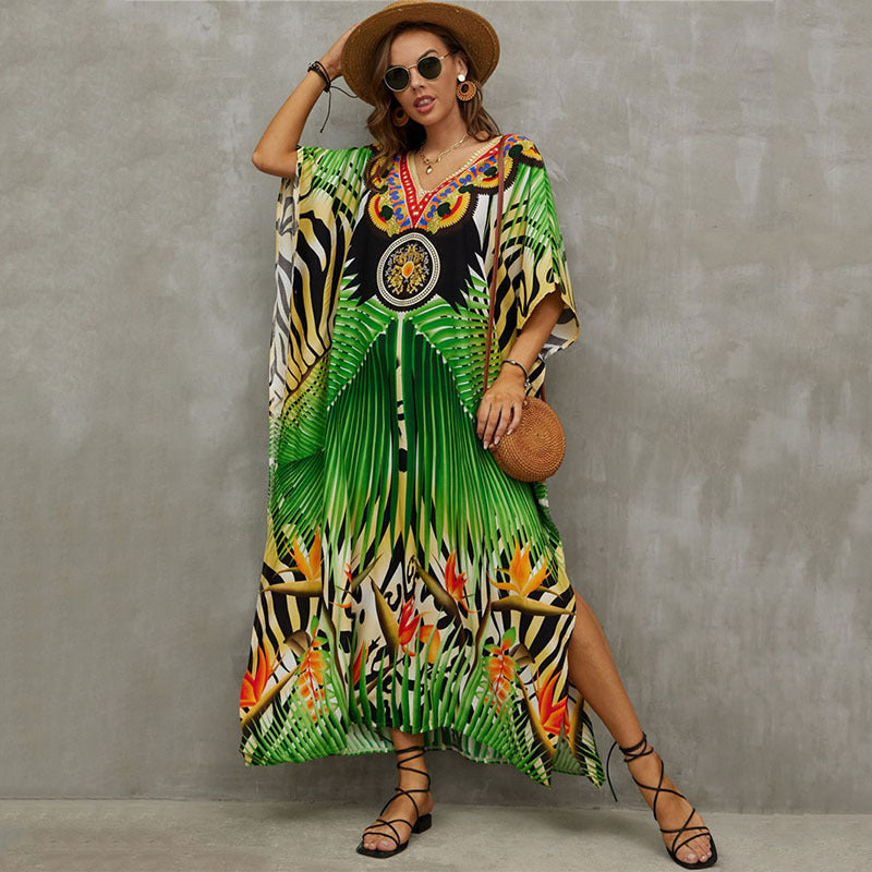 Glamorous printed beach blouse V-neck dress