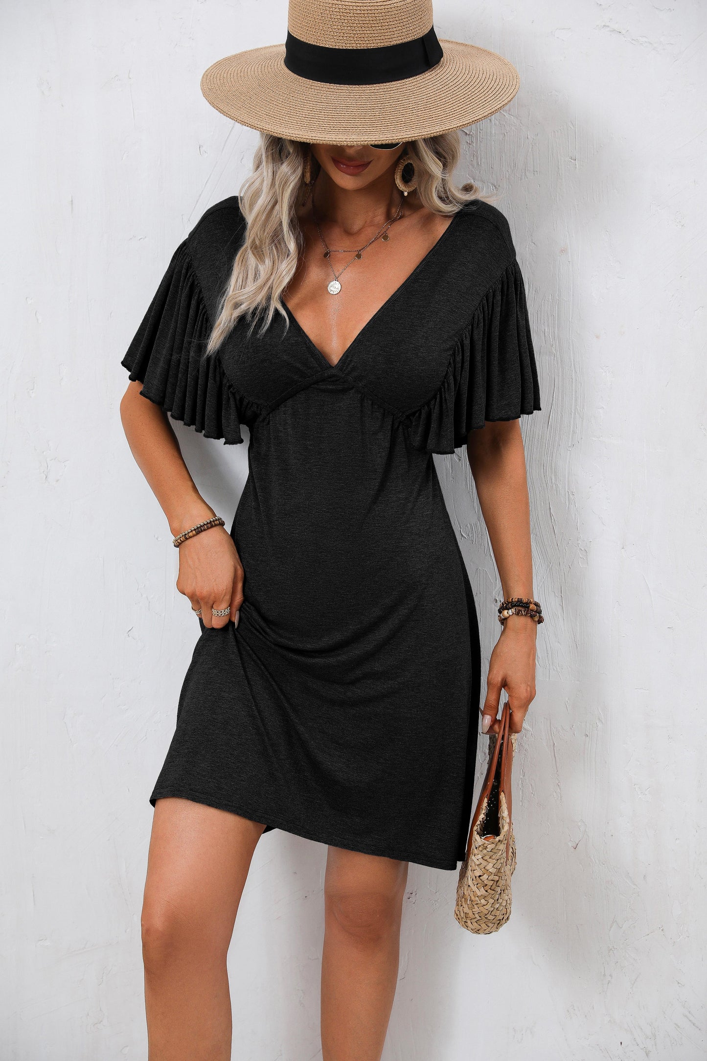 Single-colored, black, casual mini dress with ruffled sleeves and V-neckline