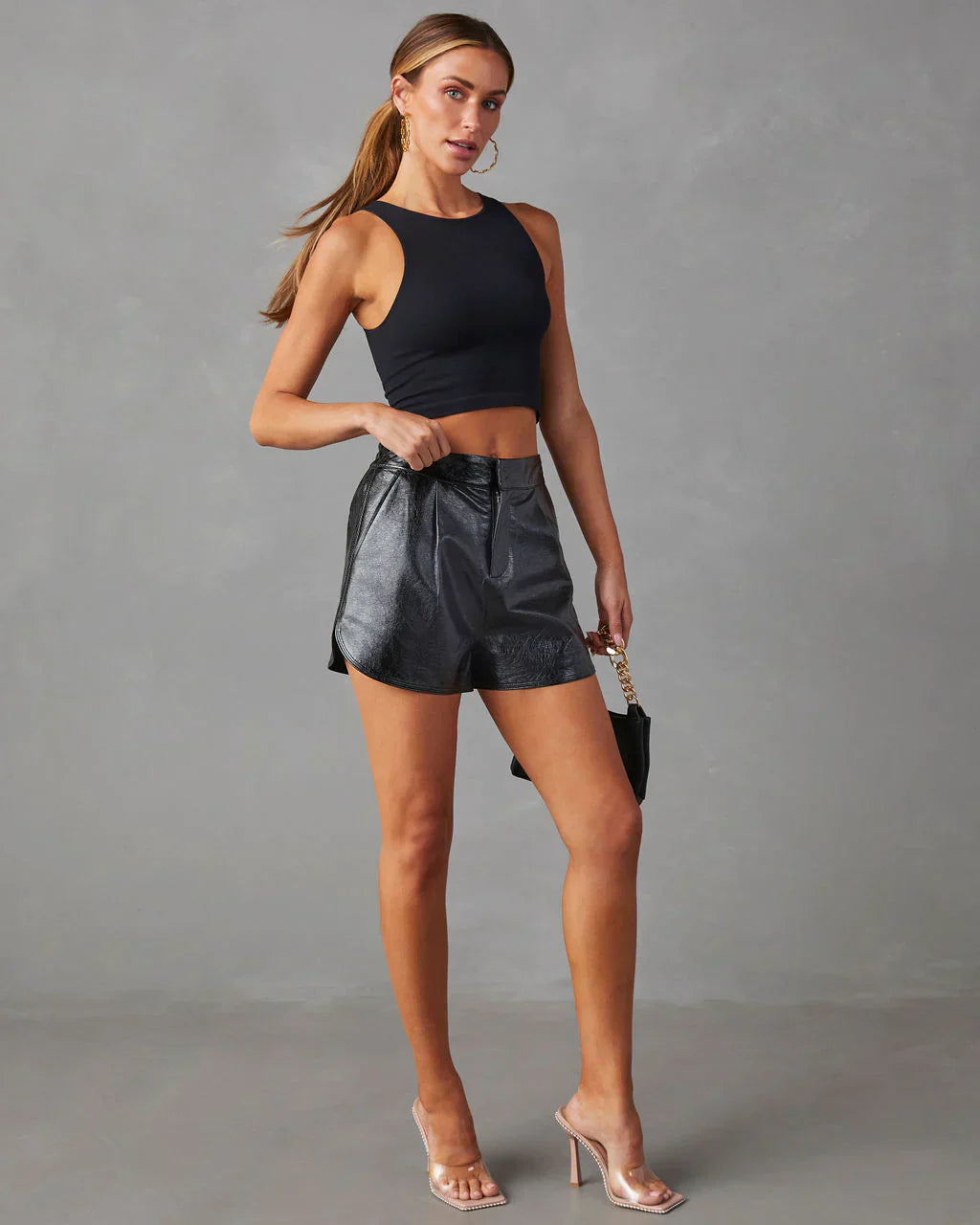 Supple elasticated trousers | Women's faux leather shorts with pockets