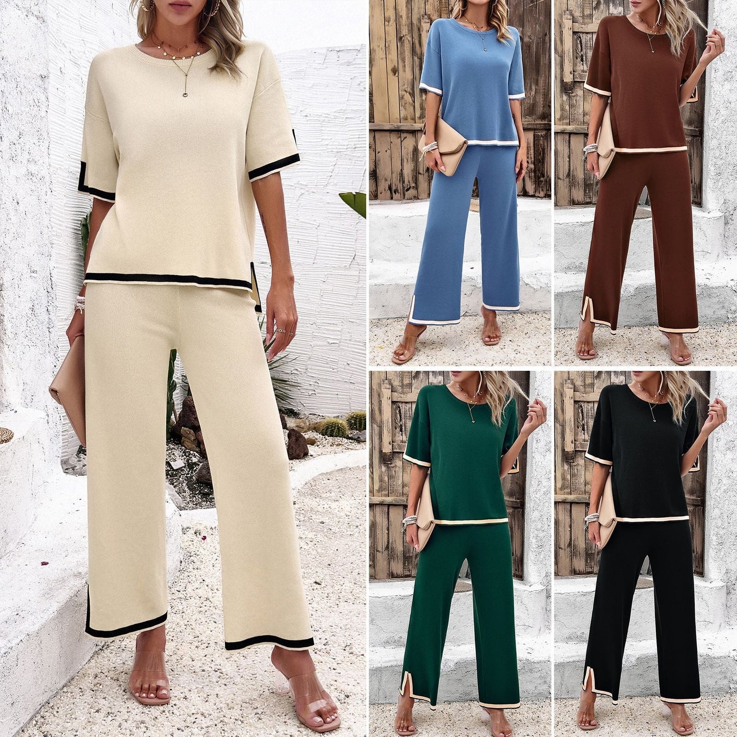 Elegant women's fashion temperament leisure short sleeve knit suit