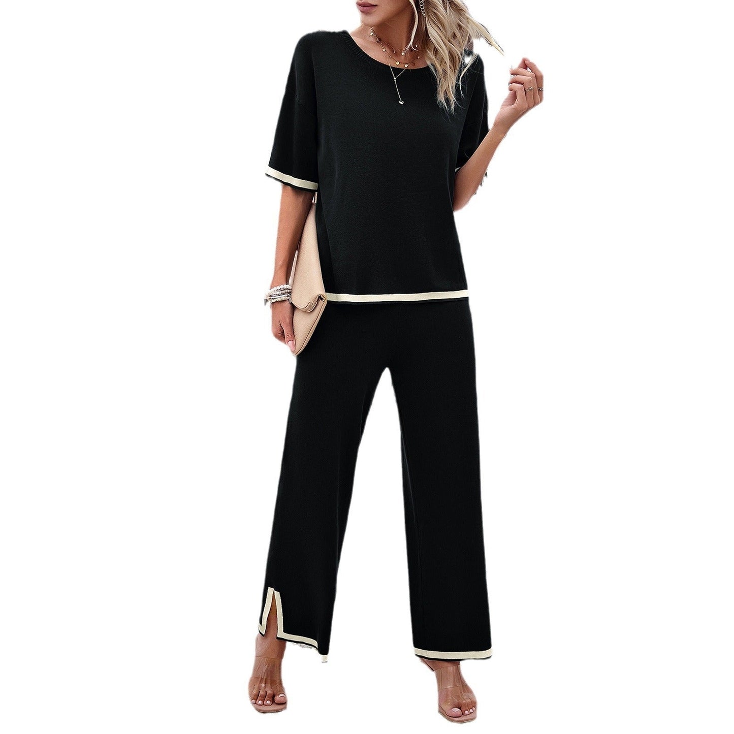 Elegant women's fashion temperament leisure short sleeve knit suit