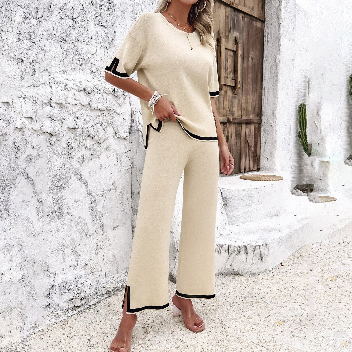 Elegant women's fashion temperament leisure short sleeve knit suit