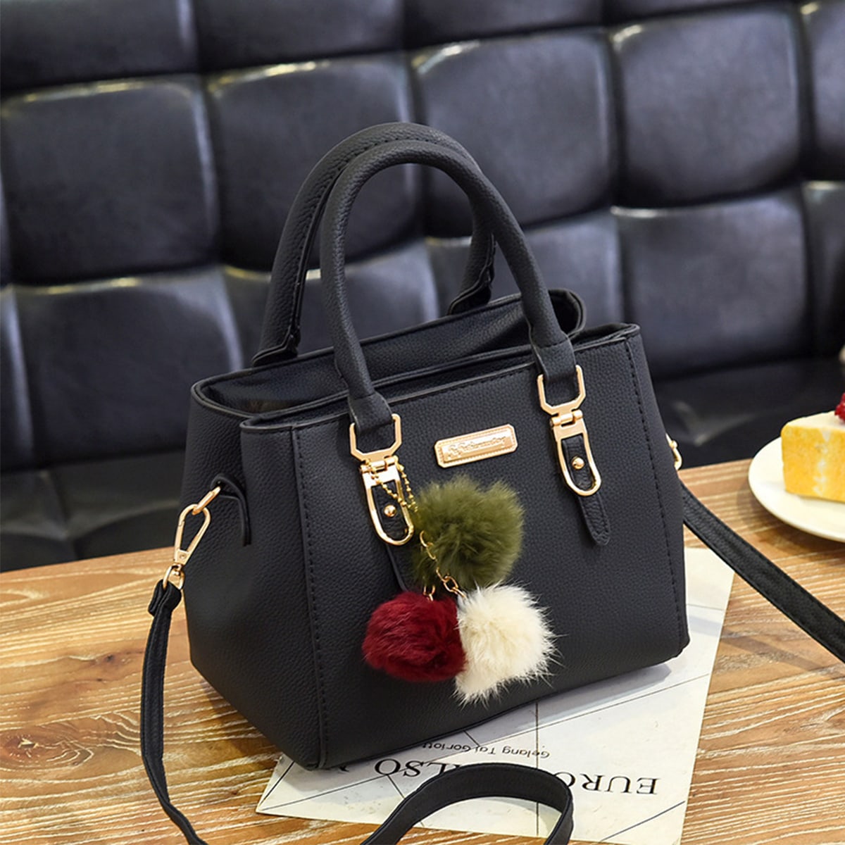 Ladies' bag | leather handbag with 3 soft plush balls