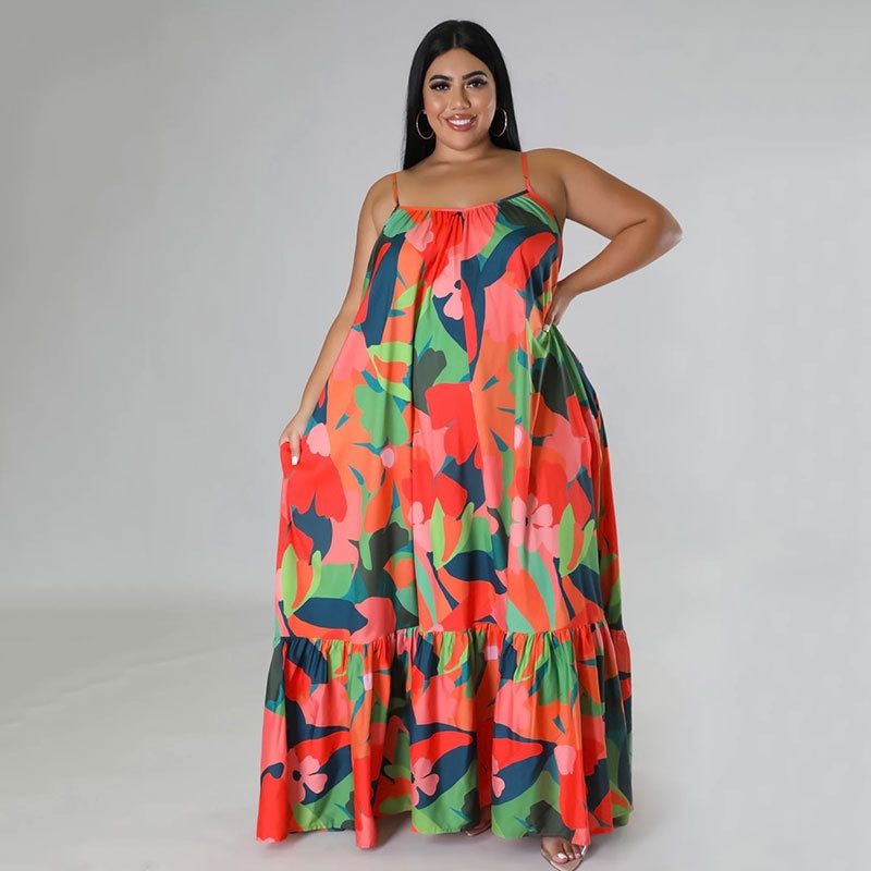 Colorful autumn dreams: plus-size maxi dress with spaghetti straps