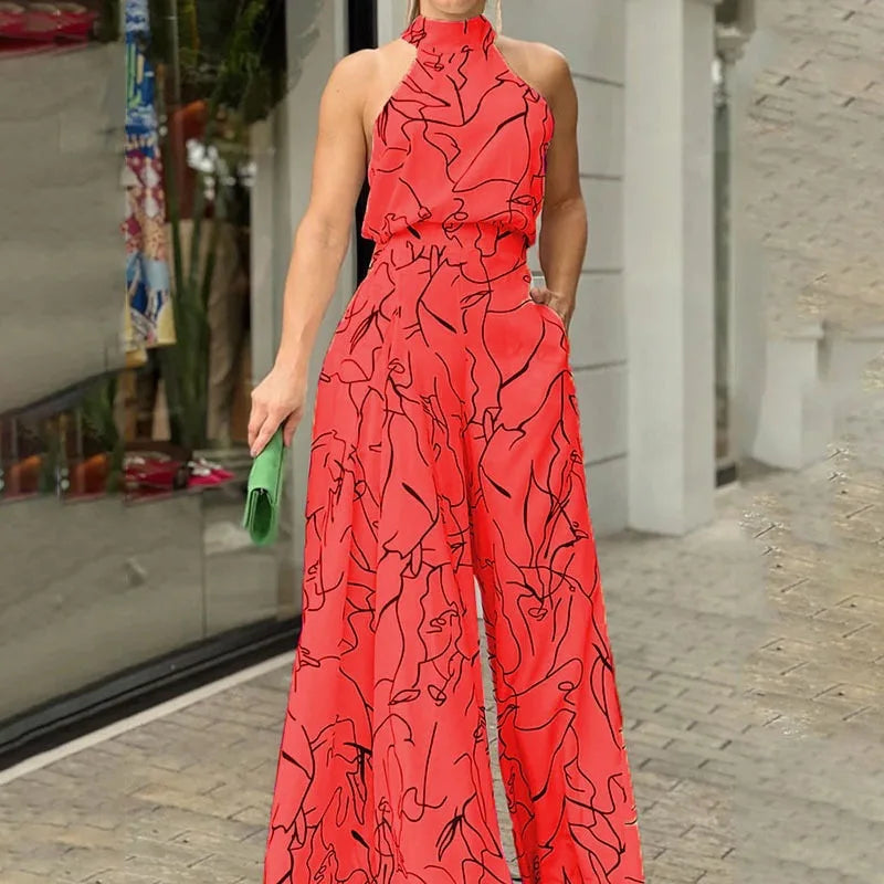 Elegant printed halterneck leotard jumpsuit