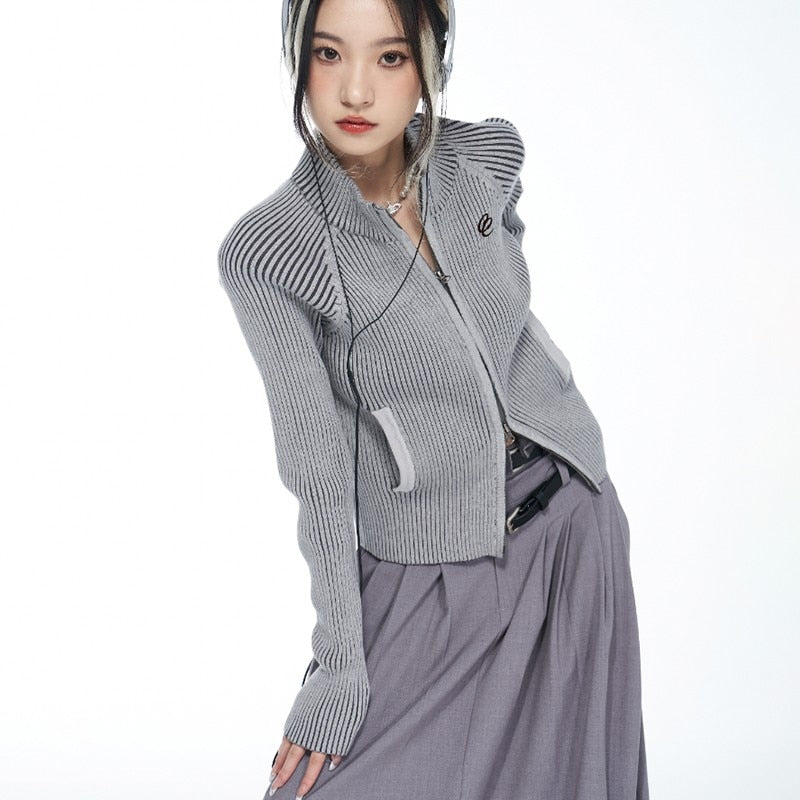 Cozy Karrcat classic | women's vintage rib knit cardigan with grunge embroidery and zipper