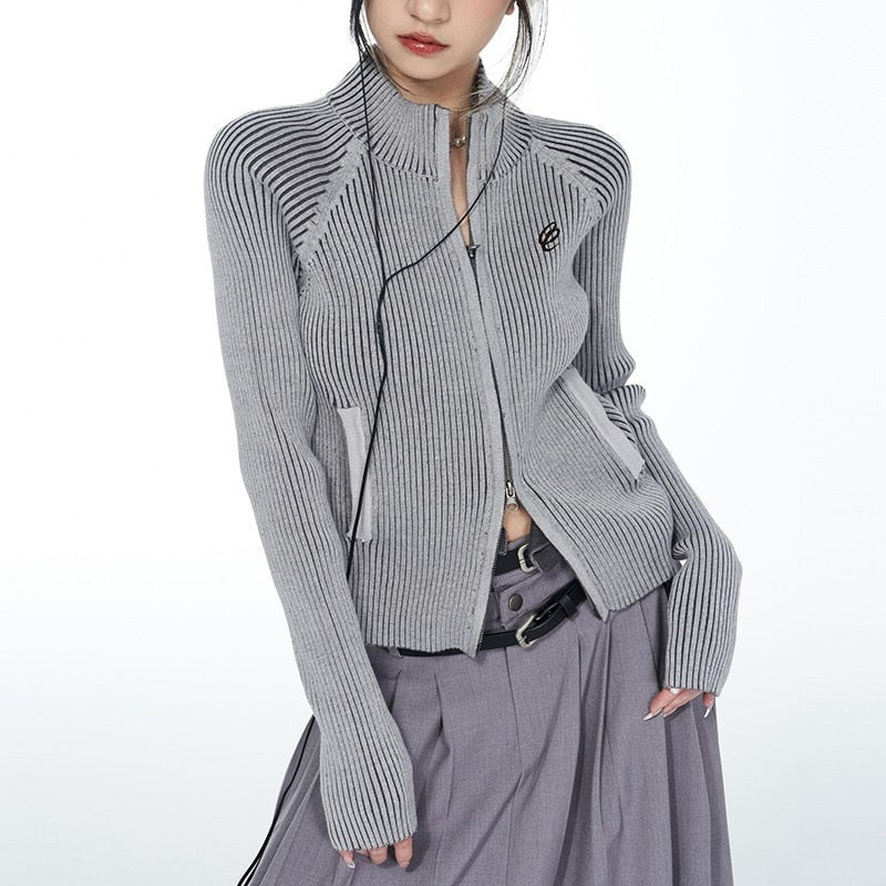 Cozy Karrcat classic | women's vintage rib knit cardigan with grunge embroidery and zipper