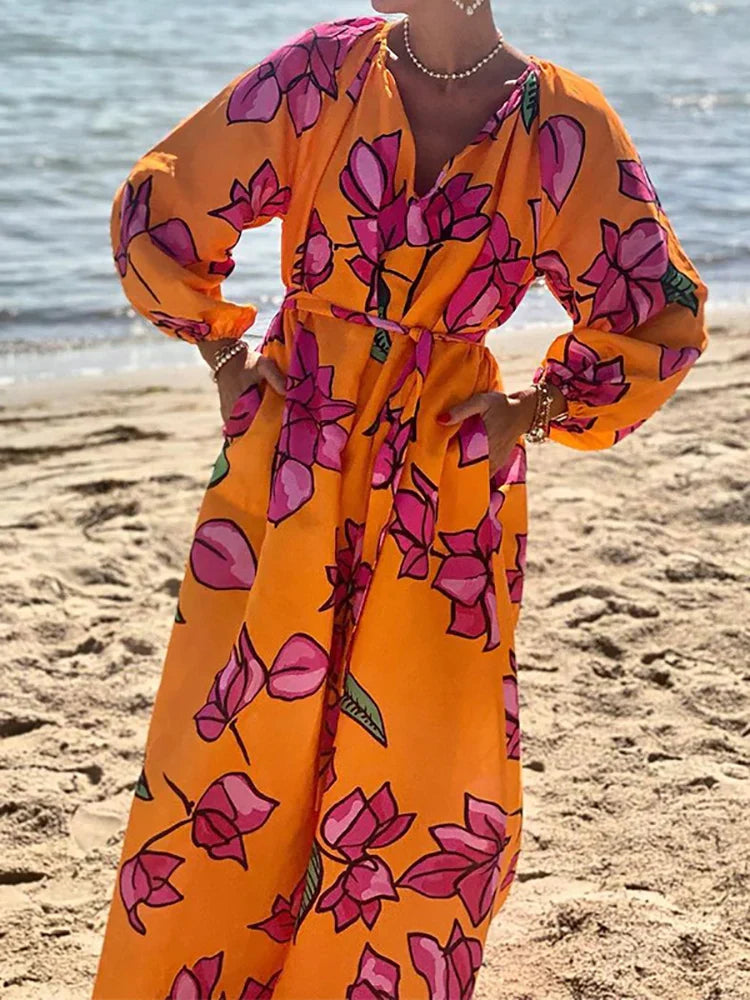 Printed long-sleeved maxi dress